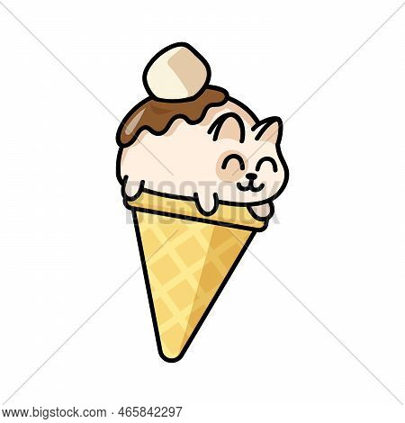 Cute Cat Chocolate Glaze Ice Cream Sticker. Kawaii Kitties In Waffle Cone. Happy Animal Cartoon Char