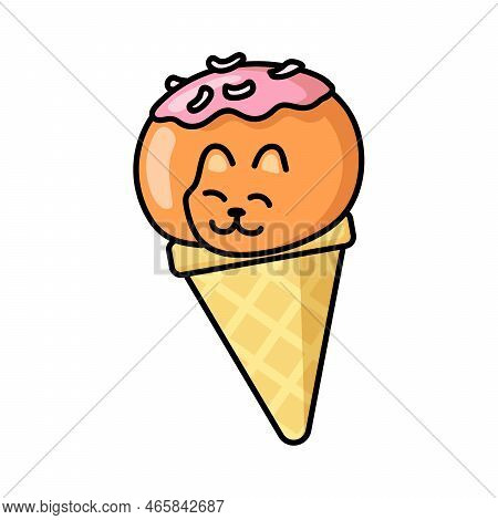Cute Cat With Raspberry Frosting Ice Cream Sticker. Kawaii Kitties In Waffle Cone. Happy Animal Cart