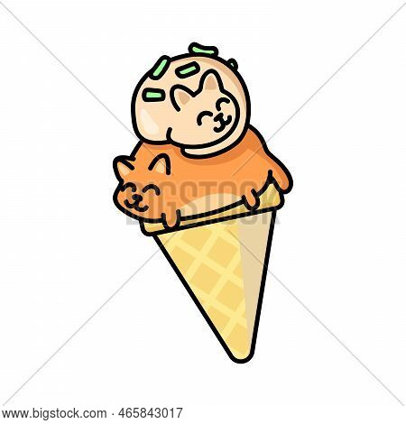 Cute Cat Ice Cream Sticker. Double Decorative Powder Kitties In Waffle Cone. Happy Animal Cartoon Ch