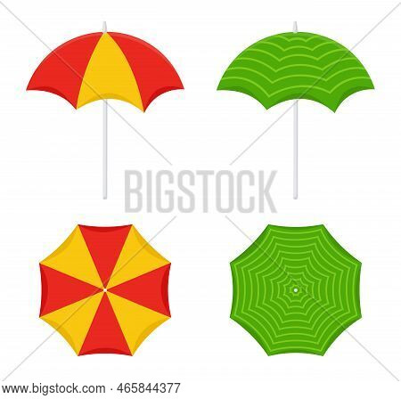 Open Beach Umbrellas Vector Illustrations Set. Open Dichromatic Umbrellas With Long Handles On White