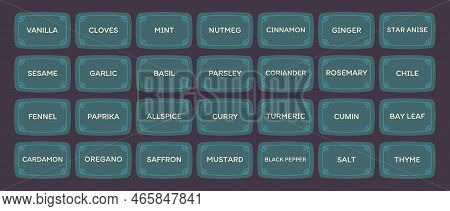 Vector Names Stickers Set. Rectangle With Round Corners Food Preparation Ingredients Labels With Fra