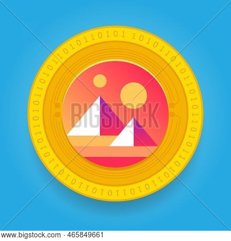 Decentraland Mana Golden Coin Isolated On Blue Background. Cryptocurrency Vector Illustration