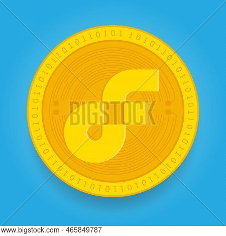 Flow Flow Golden Coin Isolated On Blue Background. Cryptocurrency Vector Illustration