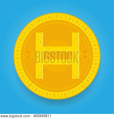 Hedera Hbar Golden Coin Isolated On Blue Background. Cryptocurrency Vector Illustration