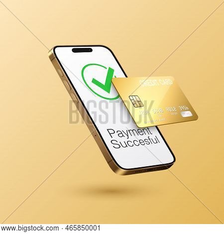 Vector 3d Realistic Golden Smartphone, Credit Card, Wi-fi Successful Payment. Concept Of Payment For