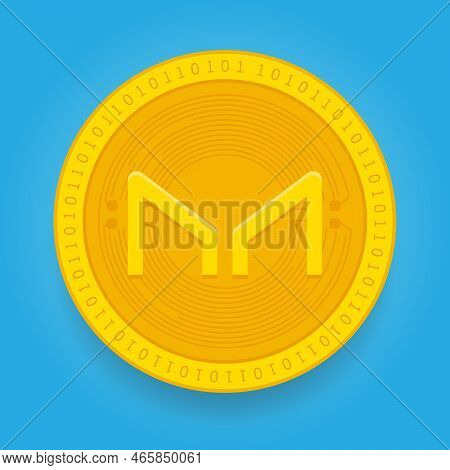 Maker Mkr Golden Coin Isolated On Blue Background. Cryptocurrency Vector Illustration
