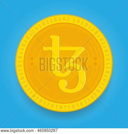 Tezos Xtz Golden Coin Isolated On Blue Background. Cryptocurrency Vector Illustration