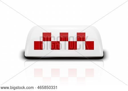 Vector 3d Realistic Taxi Car Roof Sign Icon Closeup Isolated On White With Reflection. White And Red