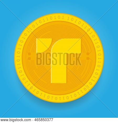 True Usd Tusd Golden Coin Isolated On Blue Background. Cryptocurrency Vector Illustration