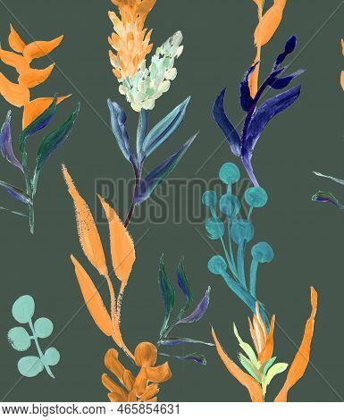 Seamless Floral Tropical Pattern Without Seams Drawn In Gouache With Orange Flowers With Gouache In 