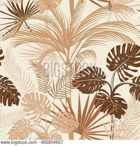 Tropical Pattern With Beige Background And Palm Tree With Bushes And Leaves Of Monstera And Liviston