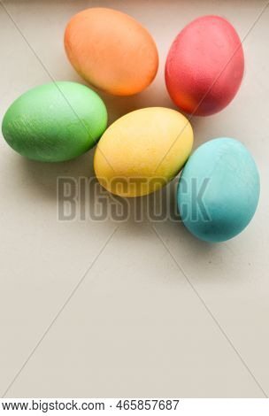 Easter Composition. Decorated Pastel Easter Eggs On White Background Copy Space