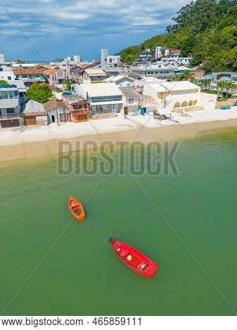Aerial View Of Fisherman Boats, Canto Grande Beach, Bombinhas, Santa Catarina, Brazil