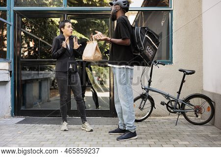 Woman Shouting At Food Delivery Courier, Deliveryman Giving Wrong Order To Furious Client, Angry Emp
