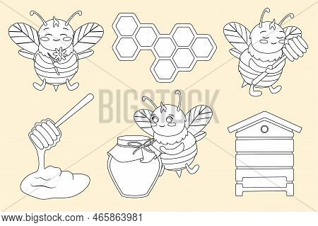 Bees Line Set. Collection Of Stickers For Social Networks, Graphic Elements For Website. Honey, Natu