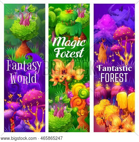 Fantastic And Fairy Magic Trees And Plants, Fairytale Forest. Cartoon Vector Banners With Funny Mush