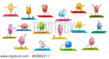 Cartoon Vitamin Characters And Personages On Yoga Fitness. Vitamins Dragee, Medicine Drugs Pill Or F