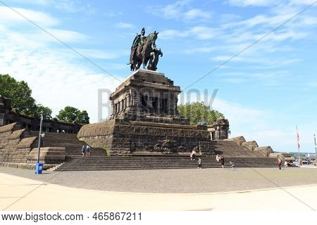 Koblenz, Germany - June 27, 2021: Deutsches Eck (german Corner) With Emperor William Monument Statue
