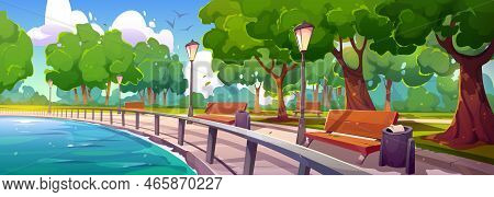 Quay In City Park Landscape Perspective View With Fenced River Bay, Wooden Benches, Green Trees, Lit