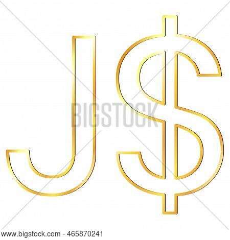 Jamaican Dollar Jmd Currency Golden Sign Outline In Front View Isolated On White Background. Currenc