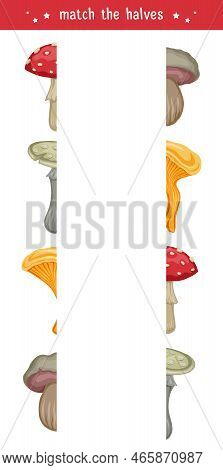 Find Right Half For Fall Mushrooms. Vector Worksheet Template For Preschool Lessons. Match The Halve