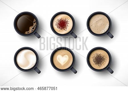 Cups Of Coffee Assortment Set. Black Coffee, Cappuccino, Latte, Espresso, Macchiatto, Mocha, Cocoa T