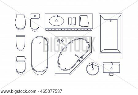 Bathroom Furniture, Top View. Bath Tubs, Toilet Flushes, Bowls, Washbasins Set For Washroom Interior