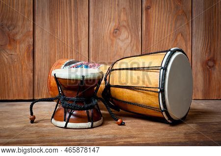 Damaru And Djembe Drums, Percussion And Musical Instruments.