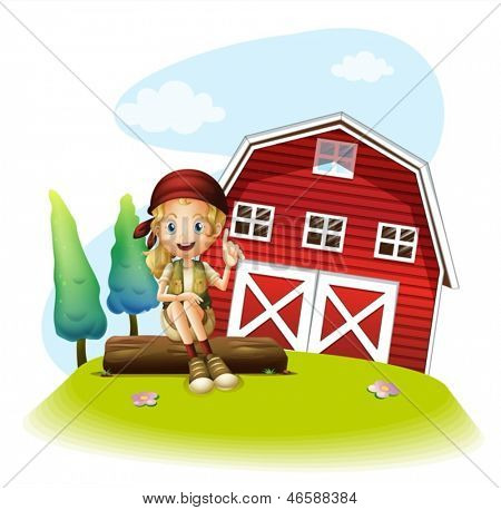 Illustration af en pige, der sidder foran en rød barnhouse på en hvid baggrund