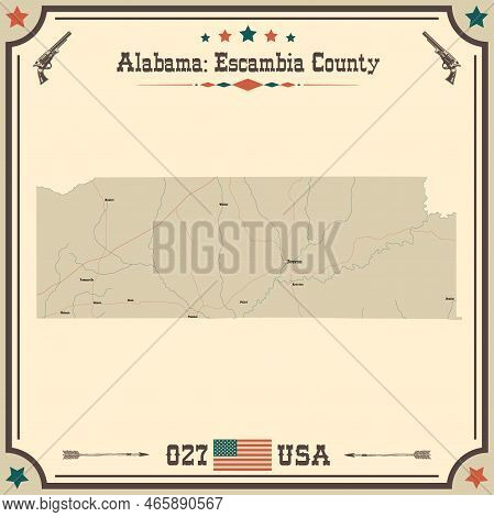 Large And Accurate Map Of Escambia County, Alabama, Usa With Vintage Colors.