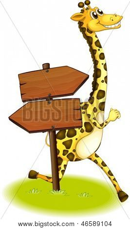 Abbildung einer Giraffe läuft auf der Rückseite ein Holzpfeil-Board auf weißem Hintergrund