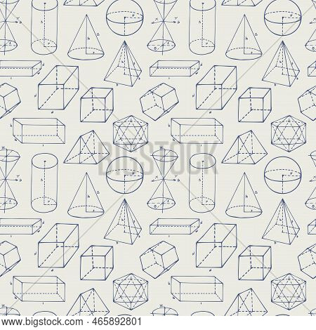 Hand-drawn Math Seamless Pattern With Various Geometrical Figures. Monochrome Vector Repeating Backg