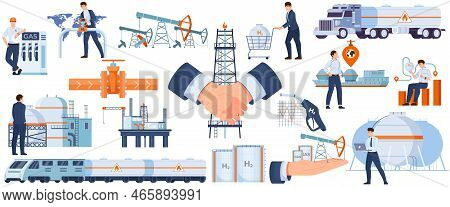 Gas Economy Flat Set Of Sea And Earth Cargo Vehicles And Elements Of Terminal For Liquefied Natural 