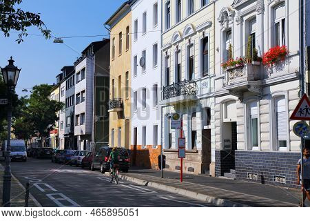 Krefeld, Germany - September 18, 2020: People Walk A Town Street In Krefeld, Germany. Krefeld Is The