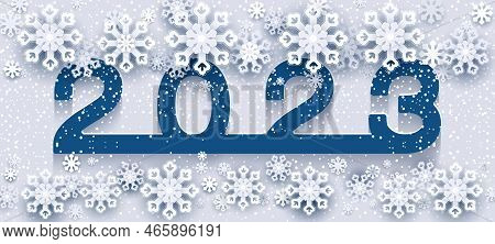 2023 Poster, Numbers Happy New Year.  Holiday, White Layered Paper Cut Asian Style Snowflakes, Flowe