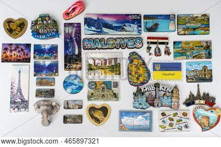 Irpen, Ukraine, August 23 20222, Lots Of White Fridge Magnets From Different Countries. Travel Conce