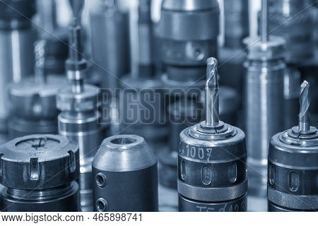 Close-up Scene The Group Of Used Cutting Tools For Cnc Milling Machine. The  Cutting  Tool For Machi