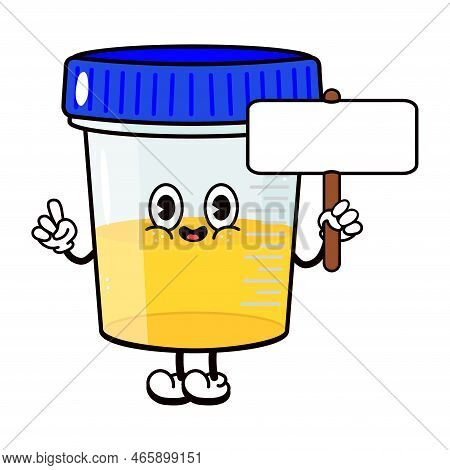 Cute Funny Container For Analysis Urine Character With Poster. Vector Hand Drawn Cartoon Kawaii Char