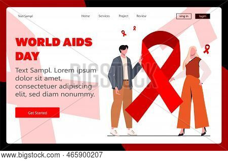 Young Modern Guy And Girl Holding  With A Red Ribbon Badge In Support Of World Aids Day. Modern Web 