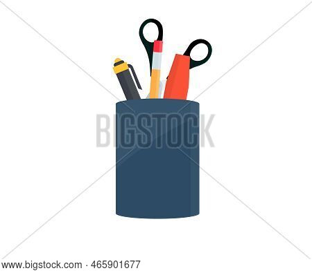 Holder Basket, Office Cup With Pencils And Stationery Logo Design. Holder Full Of Pen And Pencil Vec