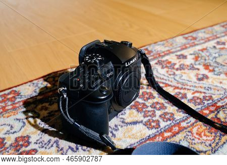 London, United Kingdom - Jan 1, 2022: Panasonic Lumix Gh5 On The Luxury Silk Carpet Background