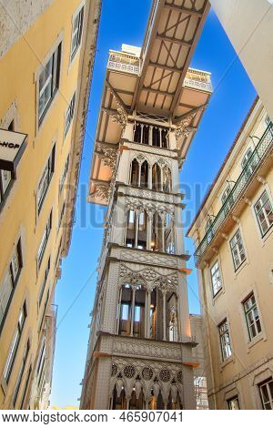 Famous Santa Justa Elevator In The Heart Of The City Of Lisbon In Portugal