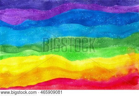 Wavy Watercolor Lines Of Rainbow Colors Run Across The Background Horizontally. Abstract Colorful Wa