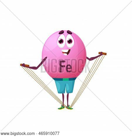 Cartoon Ferrum Or Iron Athlete Character With Expander. Fe Chemical Element Athlete Training In Gym.