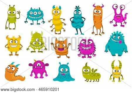 Cartoon Funny Monster Characters. Cute Comic Creatures, Joyful Halloween Personages Isolated Vector 