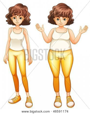 脂肪の黄色のパンツの白い背景の上でスリムな女性のイラスト