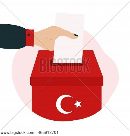 Turkey 2023 President Elections Illustration. Hand Puts Vote Paper In Box With Turkish Flag.