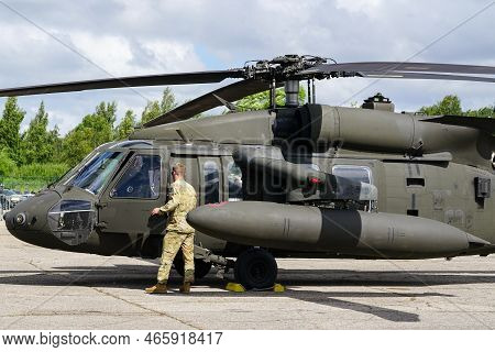 Liepaja, Latvia - August 7, 2022: Us Army Sikorsky Uh-60 Black Hawk Military Helicopter After Landin