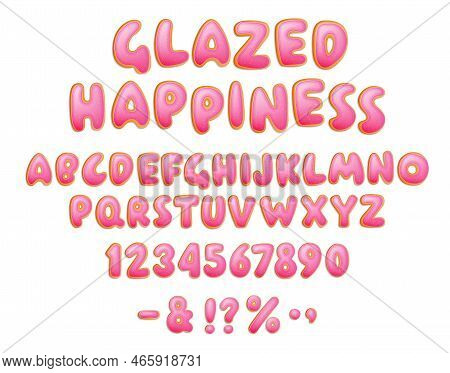 Cartoon Letterint Alphabet Of Pink Donuts On White Background. Cartoon Vector Illustration. Isolated