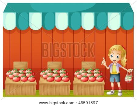 Illustration av en fruitstand med en ung flicka på en vit bakgrund